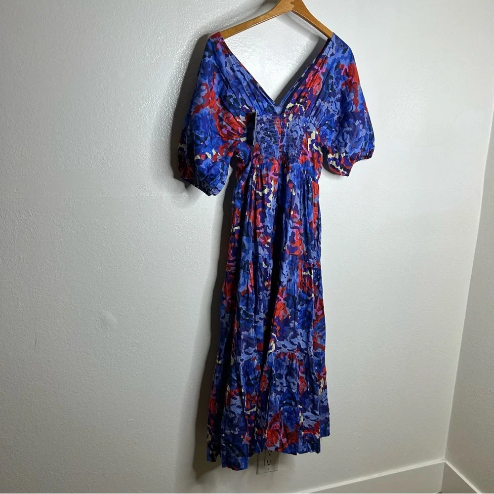 NWT Ro's Garden 100% Cotton Blue Red Floral Puff Sleeve Nieves Maxi Dress Small